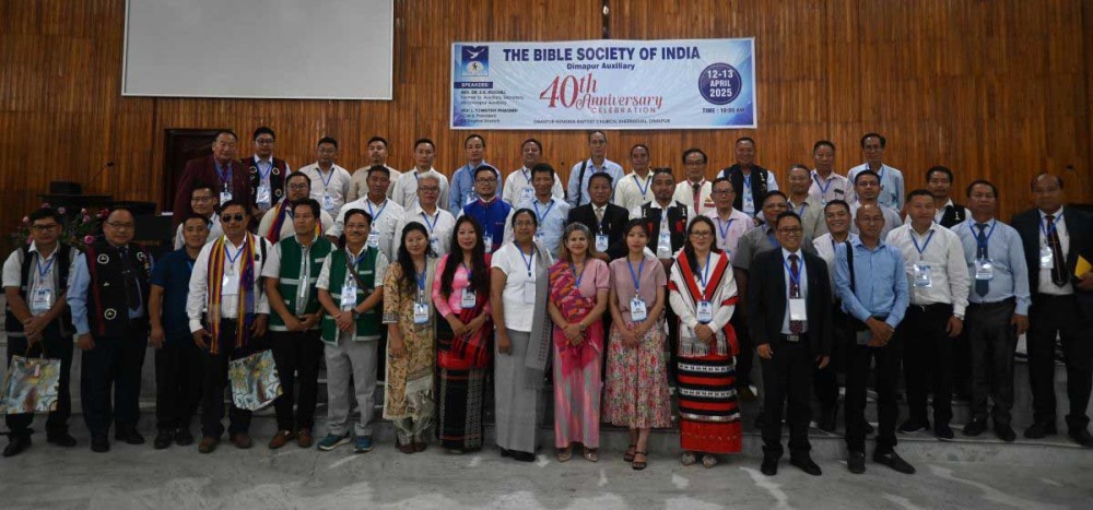 Church leaders, Bible Society of India members, and representatives from four states gather for a group photo during the 40th Anniversary celebration of BSI Dimapur Auxiliary at Dimapur Rengma Baptist Church on April 13.